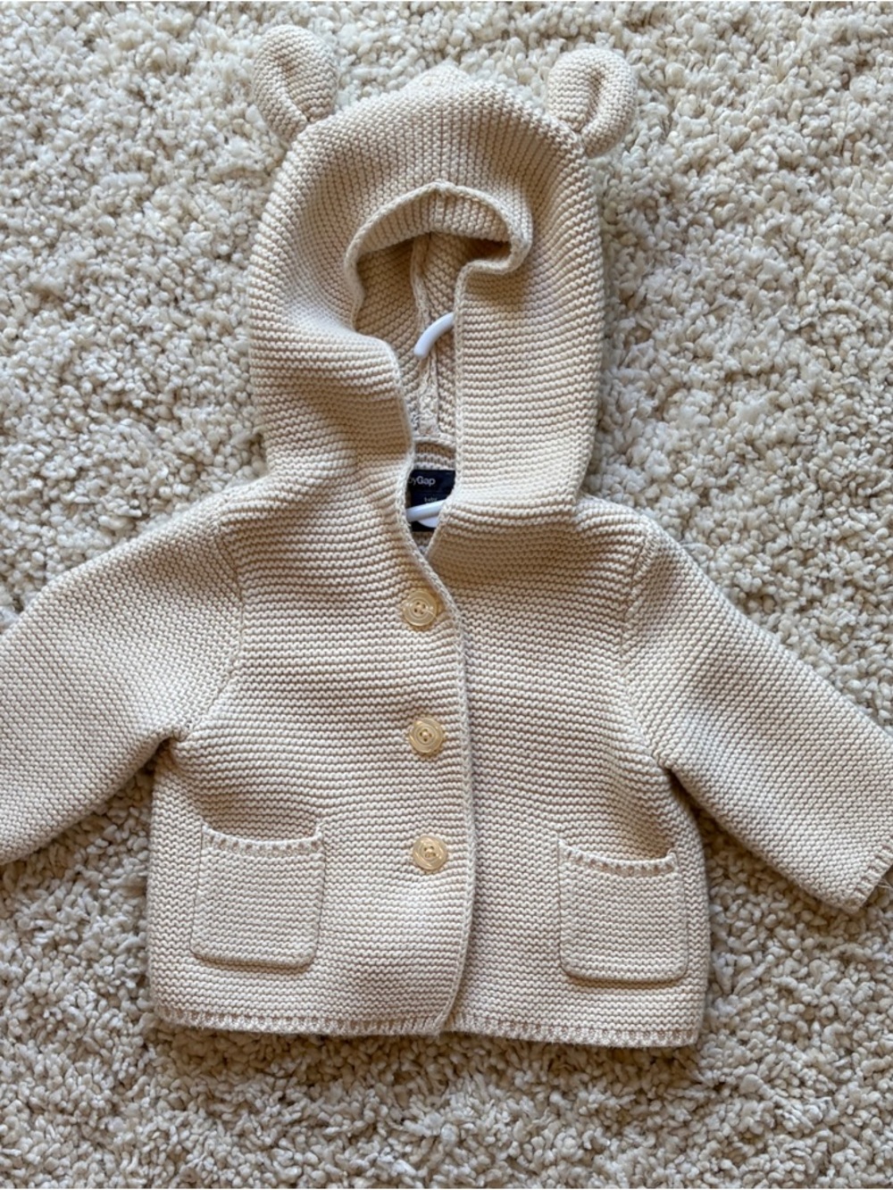 GAP Baby Knit Hooded Cardigan Sweater Cream Bear Ears Button Up 0-3 Mo
